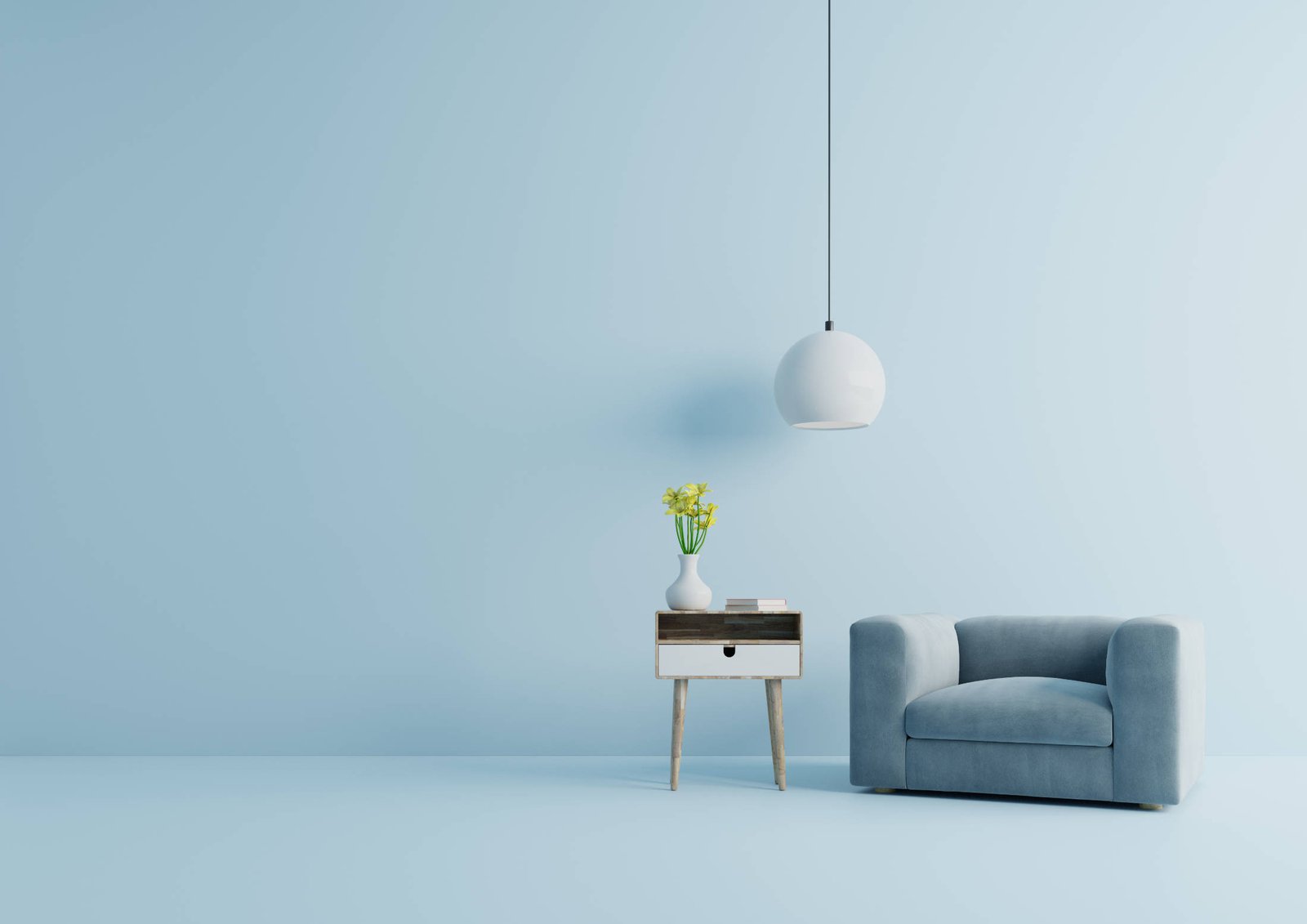 Modern living room with blue armchair have cabinet and lamp on w Aturna condimentum mattis pellentesque nibh tortor